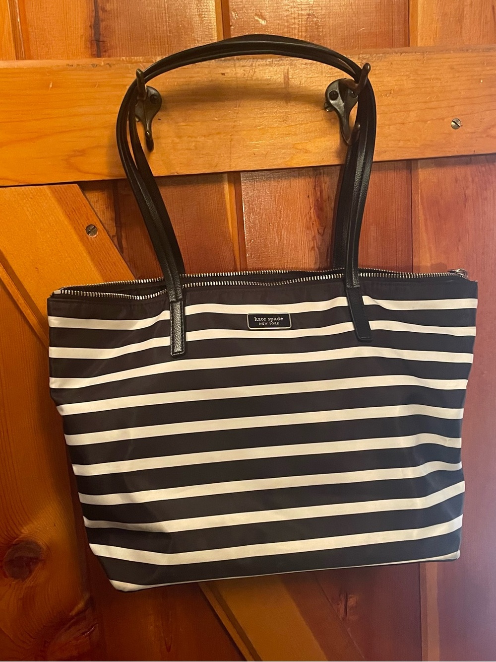 Kate Spade Black and White Stripe Tote. Canvas & Leather Straps. Excellent Cond.